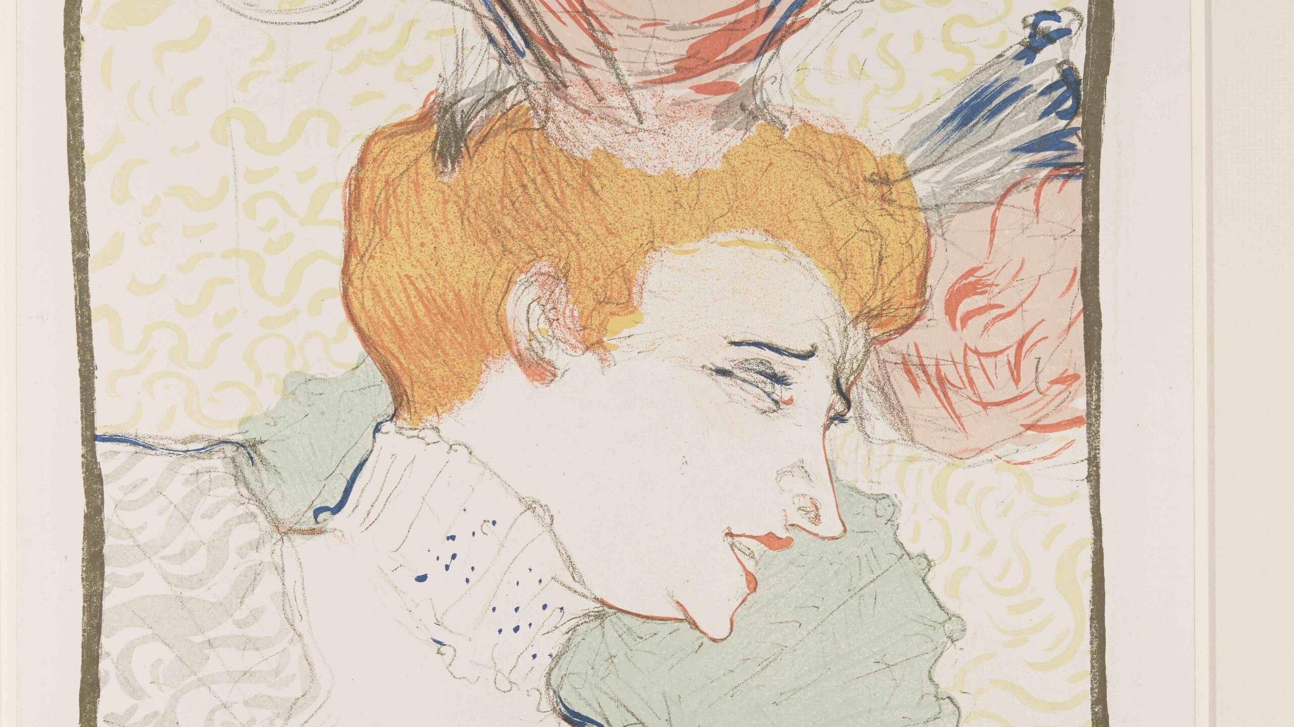 A colourful head and shoulders print of a woman with red hair, laughing away from the viewer in a flamboyant manner. She has a mint green shawl and a blue detailed dress, with a red and pink headpiece. The print is outlined in a black rounded rectangle, and the background is a swirly yellow design.
