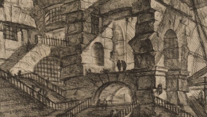 A busy, detailed engraving of gothic archways, creating something of a visual illusion. Staircases surround the archways with small figures seen wandering around.