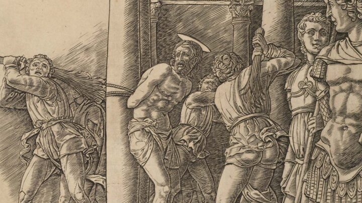 An engraving depicts Christ as vulnerable and afraid in the centre of a tiles room with tall columns visible. Christ is tied to a column with a halo identifying him. Three tormenters whip him, whilst a few others and around watching or sitting. The onlookers wear armour and carry swords, shields or spears.