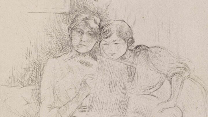 A light-handed etching of Berthe Morisot sitting on a sofa, sketching, whilst her daughter peers at the drawing over the arm of the sofa.