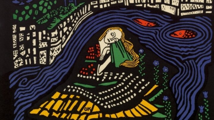 A children's book illustration of a girl who sits asleep on an island, surrounded by creatures - blue birds, white deer, and red fish - in pairs, emphasising her solitude. The print uses vivid colours of blue, green, red and yellow and bold black lines. 'DIE TRÄUMENDEN KNABEN.' is read on the right hand side.