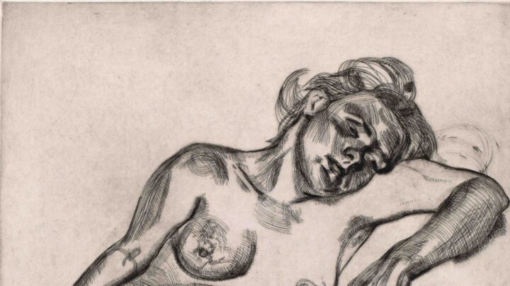 An etching of a woman, nude, depicting the woman's face and body. The setting is blank, although she seems to be sitting and leaning on something, perhaps a sofa or bed, with a vacant, sleepy expression.