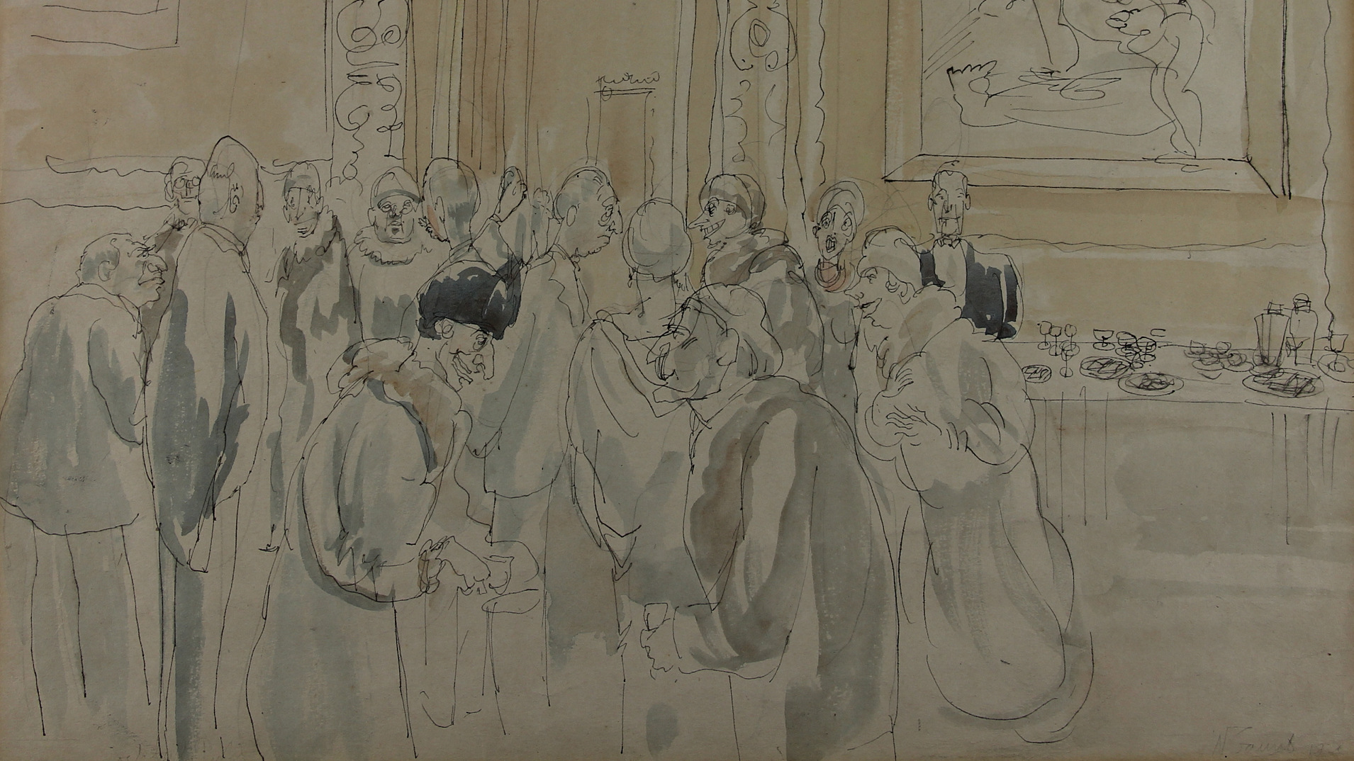 A drawing by william gaunt of a cocktail party in yellow, beige and white tones