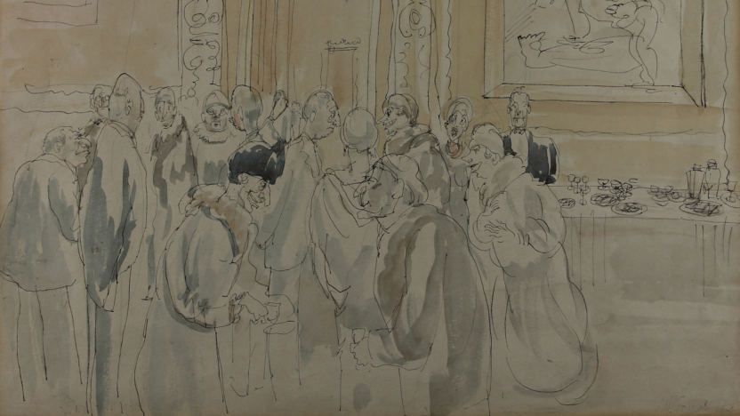 A drawing by william gaunt of a cocktail party in yellow, beige and white tones