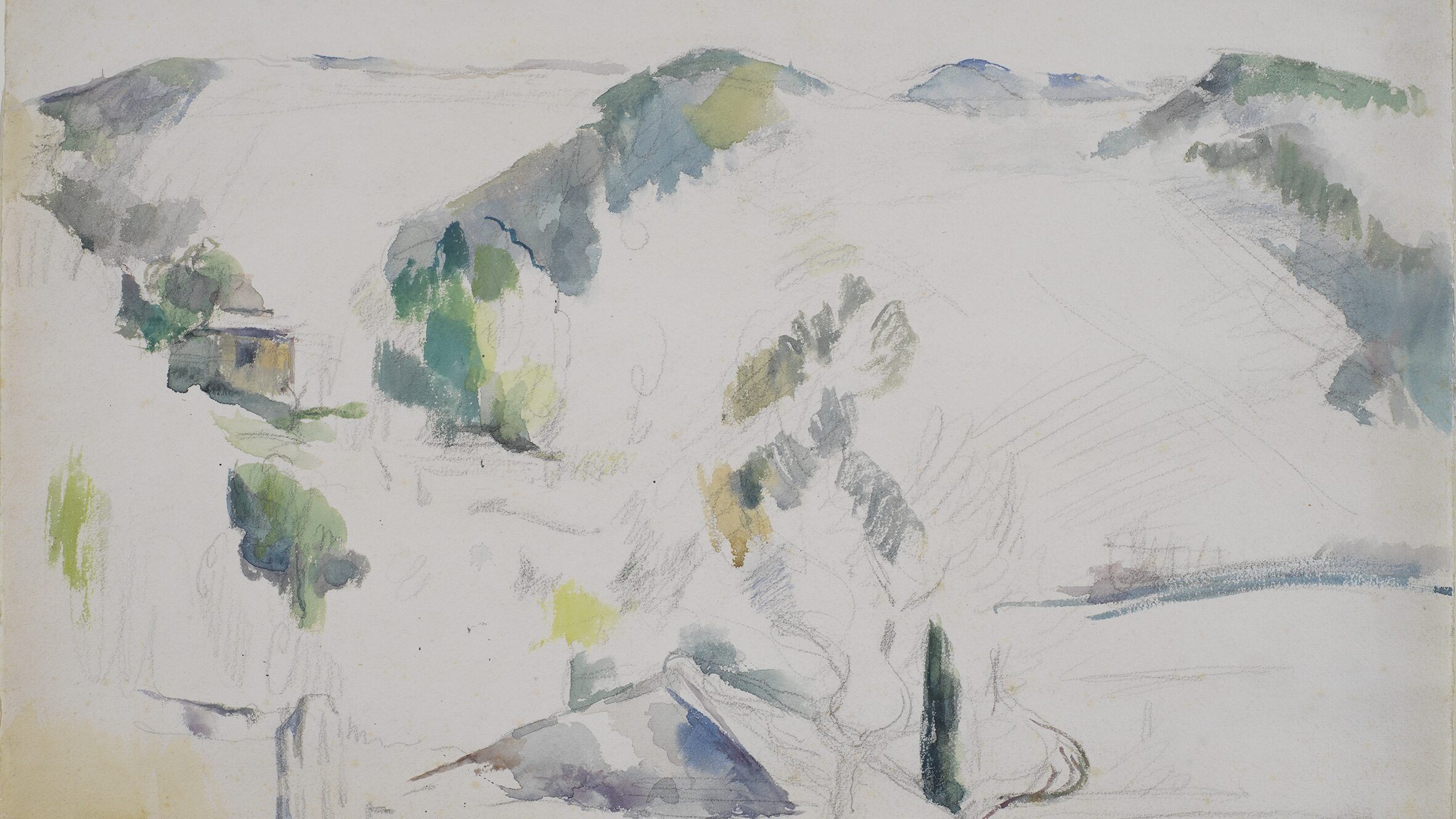 A mountainous landscape in soft charcoal and watercolour