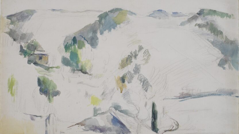 A mountainous landscape in soft charcoal and watercolour