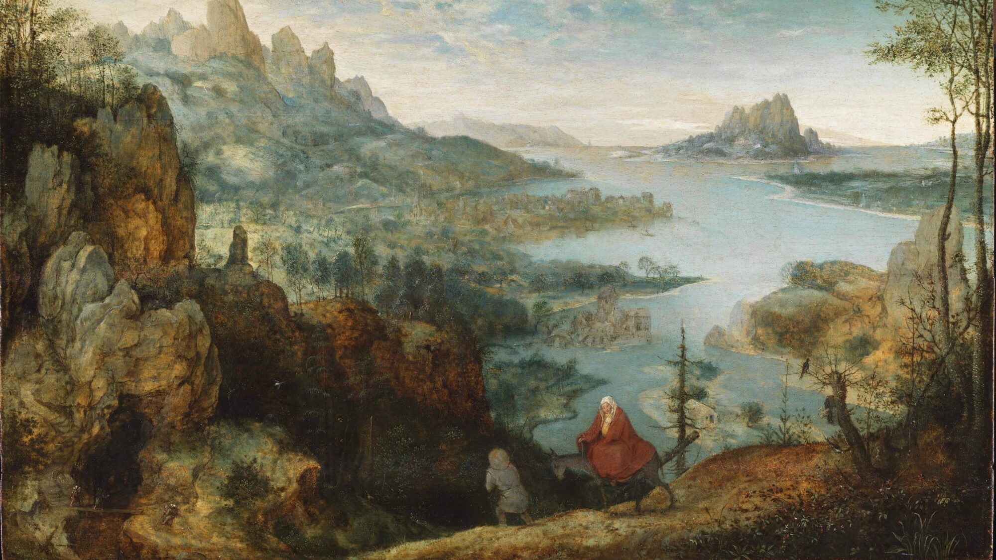 A landscape painting with blue sky, mountain ranges and a large river running through. In the foreground a red-cloaked figure rides a horse across a ridge, assisted by another figure in front.