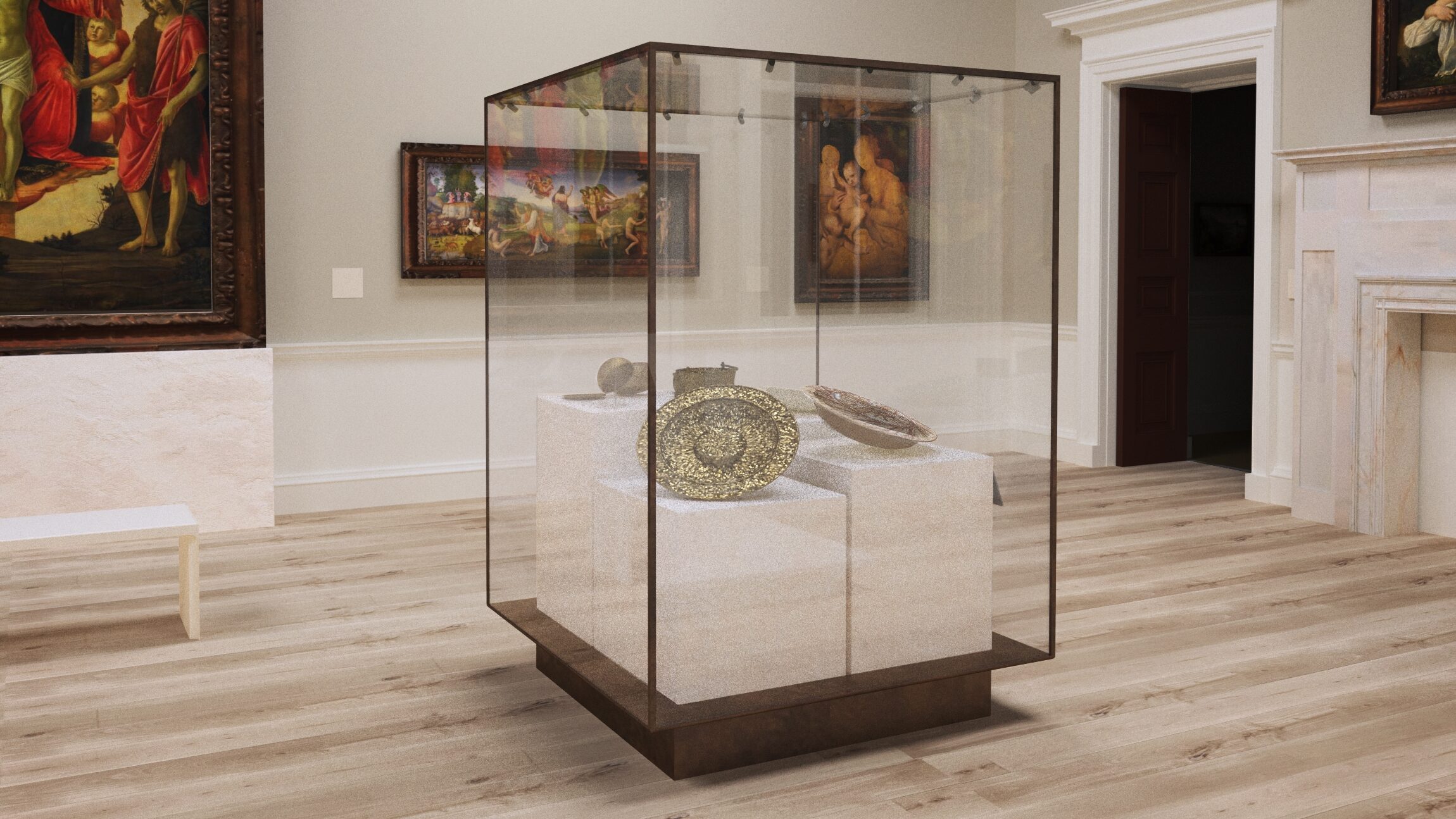 An image of the new Blavatnik Fine rooms, showing a display case including decorative arts and paintings on the rear wall such as the Botticelli Altarpiece