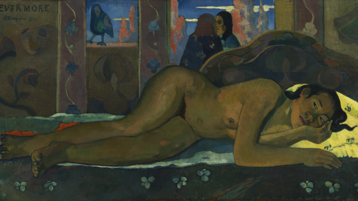 A painting by Paul Gauguin that combines beauty and eroticism with a strong feeling of unease. The young woman is not at rest but anxiously aware of the bird and the strange beings behind her, who may be evil spirits.