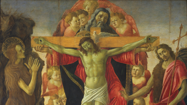 A vision of the Trinity dominates the work. God the Father sits on a throne surrounded by angels and holds the cross bearing his crucified son. The dove of the Holy Spirit hovers above.