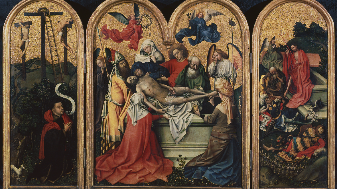 This three-panel work, known as ‘The Seilern Triptych’, is one of the finest examples of Northern Renaissance painting. The central panel depicts Christ’s burial, shortly after his body is taken down from the cross (seen in the left wing, where the two thieves executed with him remain).