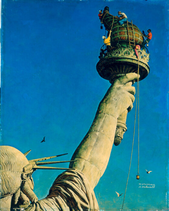Oil painting depicting part of the Statue of Liberty, by Norman Rockwell