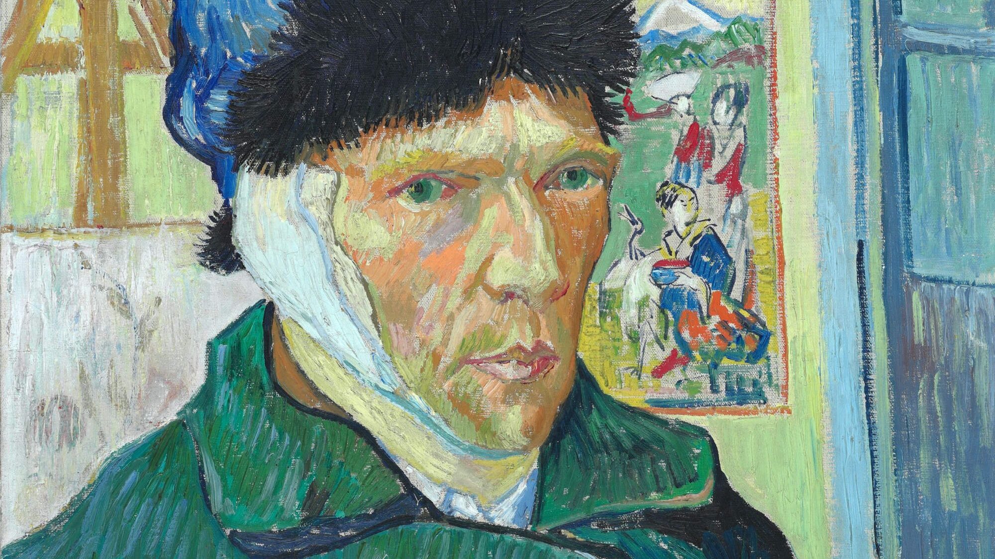 A self-portrait of Van Gogh wearing a green coat, a blue hat with a black trim, and a bandaged left ear. A Japanese print and an easel can be seen behind him.