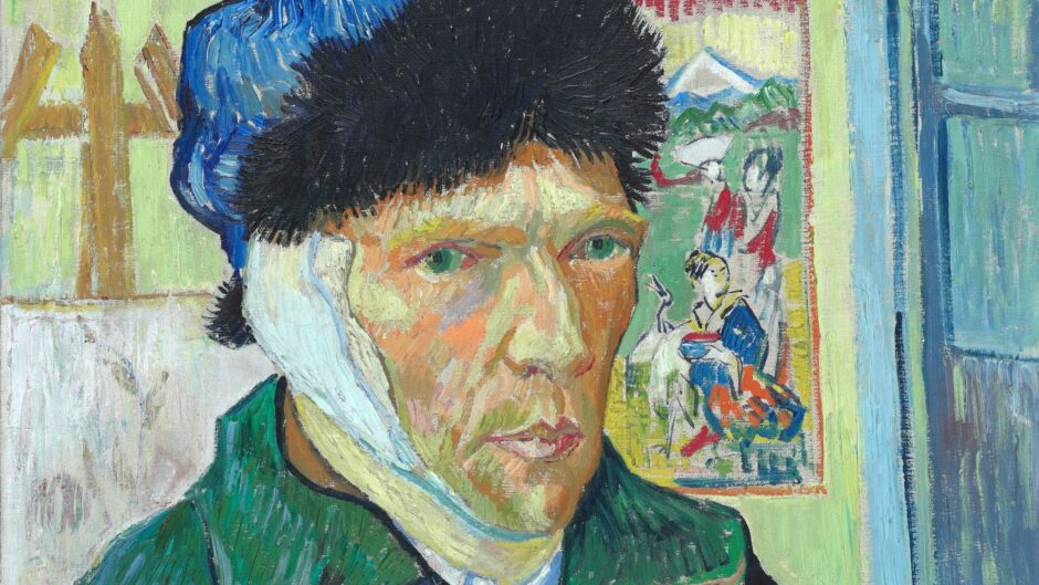 A self-portrait of Van Gogh wearing a green coat, a blue hat with a black trim, and a bandaged left ear. A Japanese print and an easel can be seen behind him.