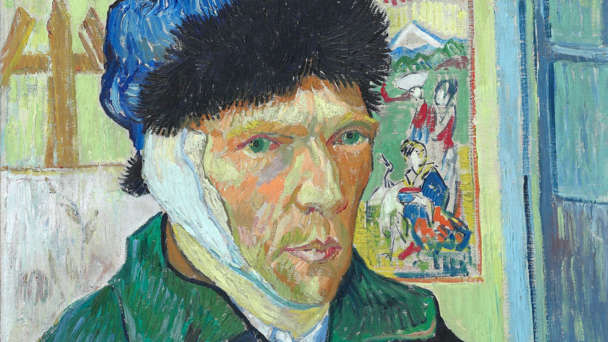 A self-portrait of Van Gogh wearing a green coat, a blue hat with a black trim, and a bandaged left ear. A Japanese print and an easel can be seen behind him.