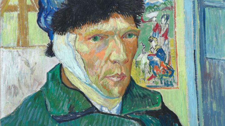 A self-portrait of Van Gogh wearing a green coat, a blue hat with a black trim, and a bandaged left ear. A Japanese print and an easel can be seen behind him.