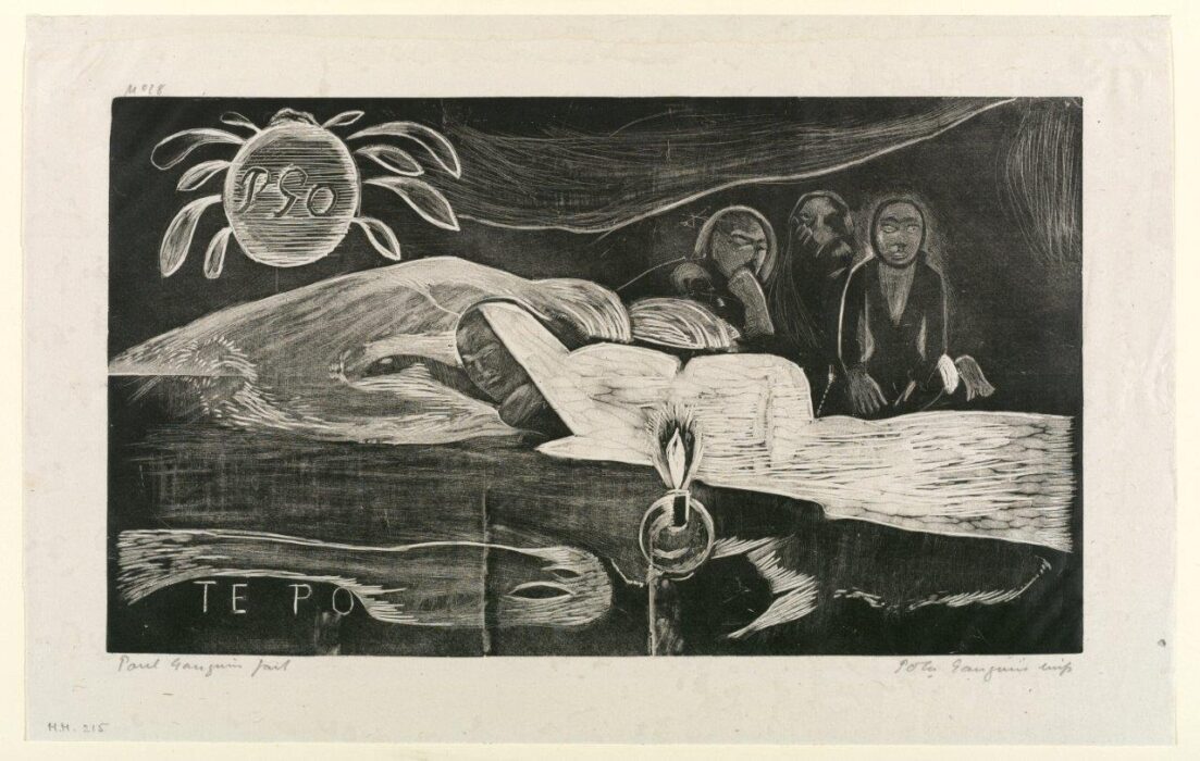 drawing of people gathered mourning a dead person