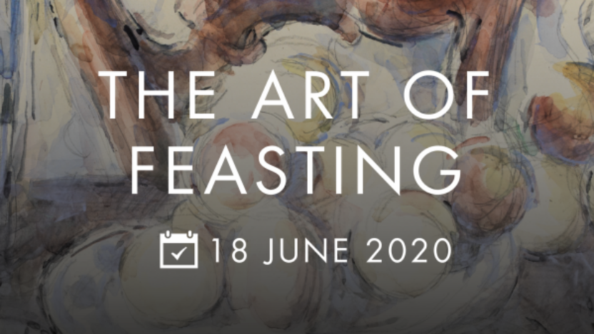 Promo image featuring Cezanne's drawing of apples, bottle and chair back with 'THE ART OF FEASTING: 18 JUNE 2020' written across.