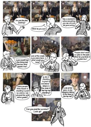 cartoon drawing of figure looking at Manet painting and asking questions such as 'do you like this painting', 'what do you see?'
