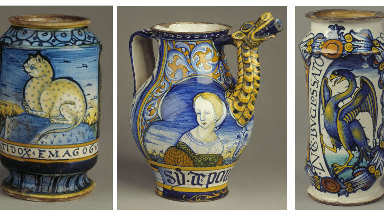 Albarello Maiolica Jars - painted with intricate stories in blue and gold