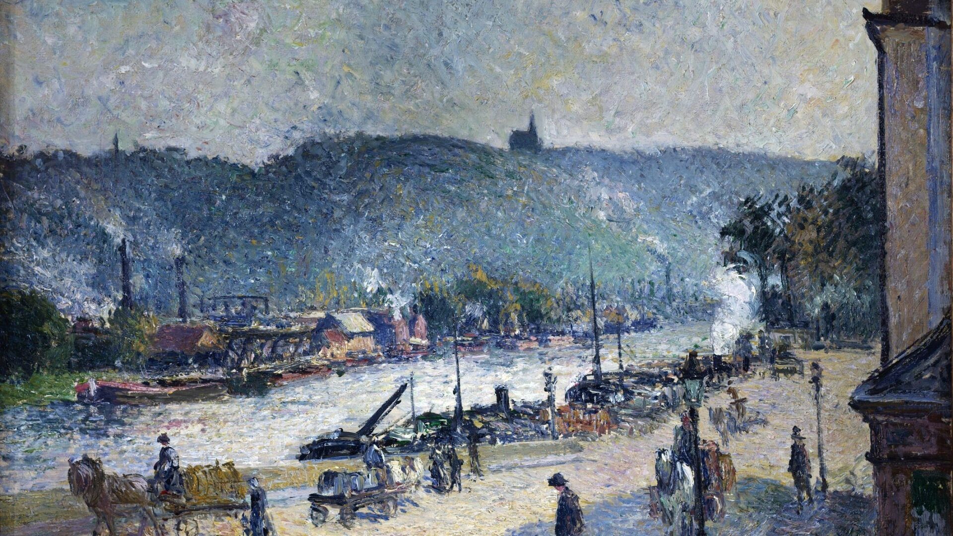 painting of a town with people walking around beside a river