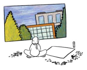 drawing of a child looking out of their window. the child is surrounded by all the materials needed for this activity, such as confetti pieces, a large piece of paper and a glue stick