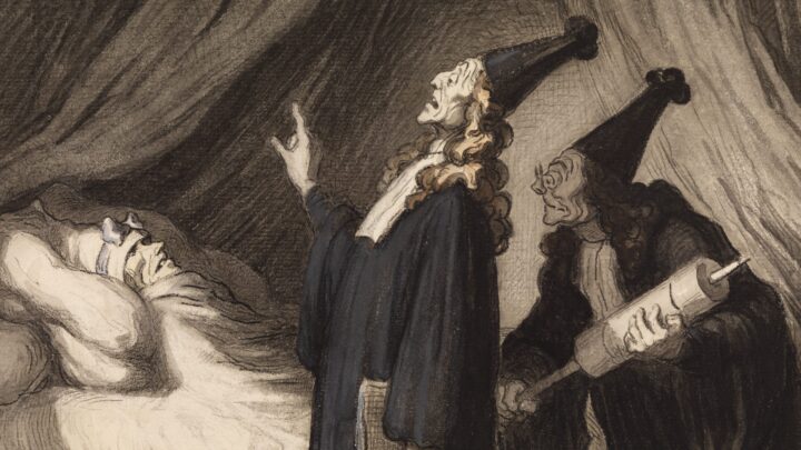 A man lies in bed wrapped up tightly in white sheets, looking afraid, whilst a man stands over him lecturing him, holding a book and wearing all black with a black cap. An assistant stands behind this doctor, holding an overly large clyster.