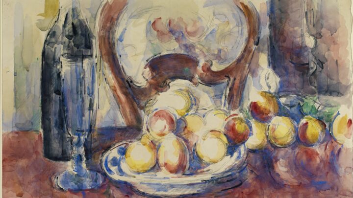 A still life composition in graphite and watercolour showing a table setting with a display of apples, a bottle and glass to the left and the back of a chair.