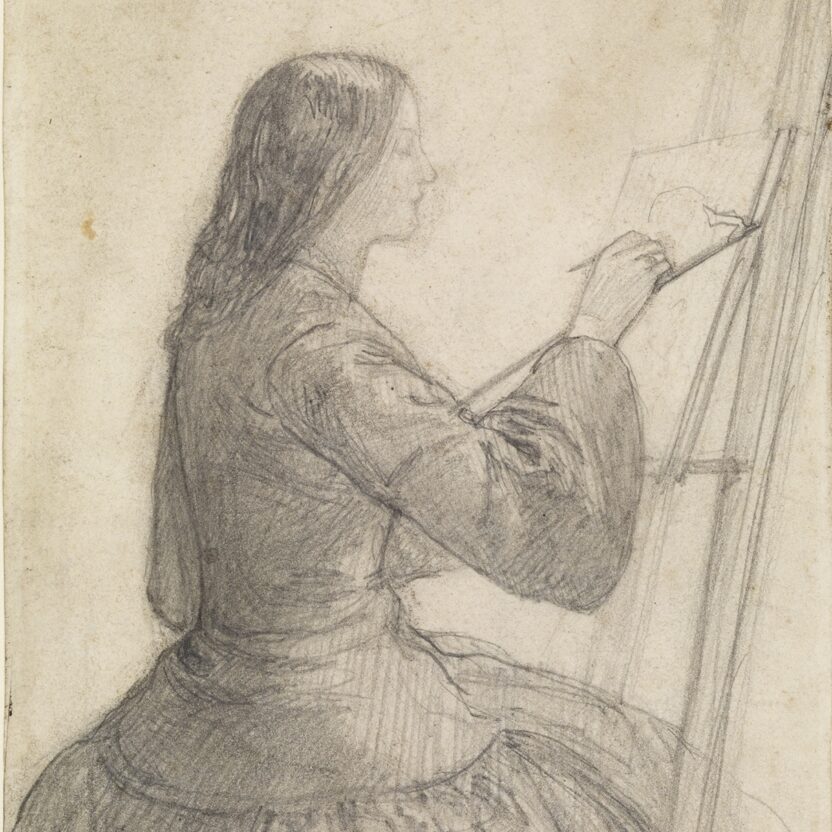 A drawing by Rossetti of Elizabeth Siddal seated at an easel painting