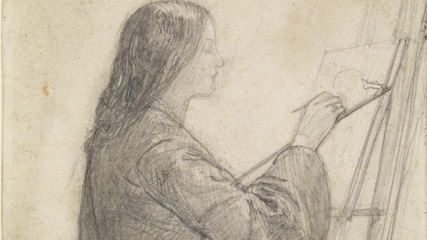 A drawing by Rossetti of Elizabeth Siddal seated at an easel painting