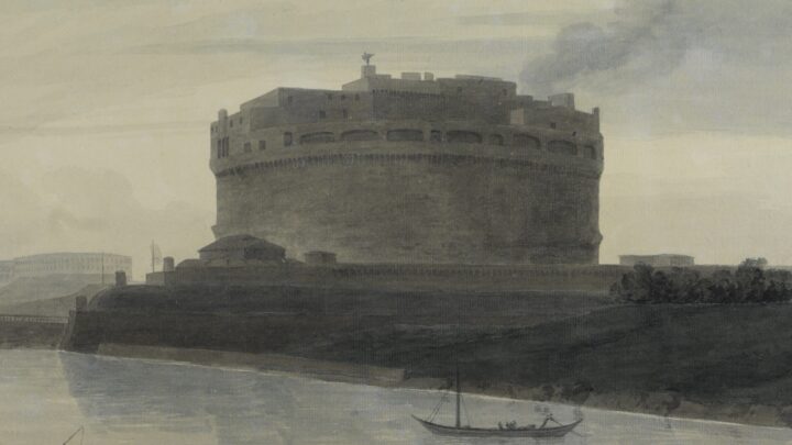 A watercolour drawing of the Castel Sant Angelo in Rome. The scene is simple, shown from the other side of the river, with a single boat in the water and two small fishermen visible in the foreground. The palette is sombre, with hazy dark colours and blues.