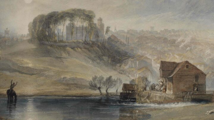 A watercolour drawing of a barn on the edge of a lake, with the city of Colchester seen in the background. The lake is still and reflects the trees and buildings above. A horse is seen standing in and drinking from the lake, and on the horse's back a man waves to two small figures chasing a dog towards the water's edge.