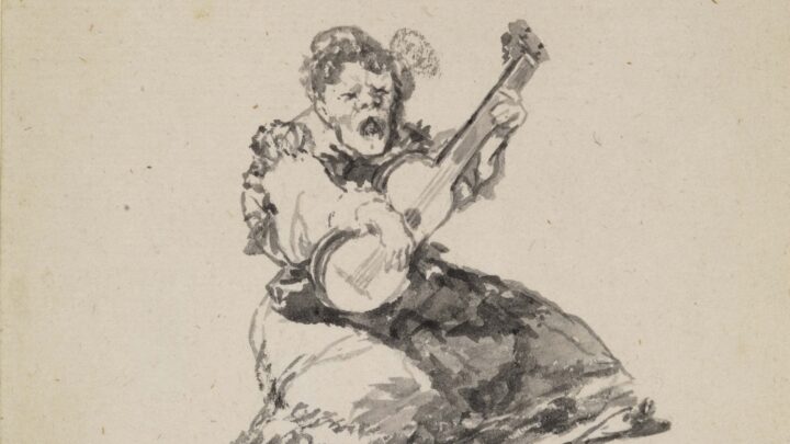 A drawing of an old woman dressed in a long, full dress, playing the guitar. She is levitated above another woman who sits on the floor, with a bowl in front of her. The inscription 'cantor y bailer' is seen beneath the drawings.