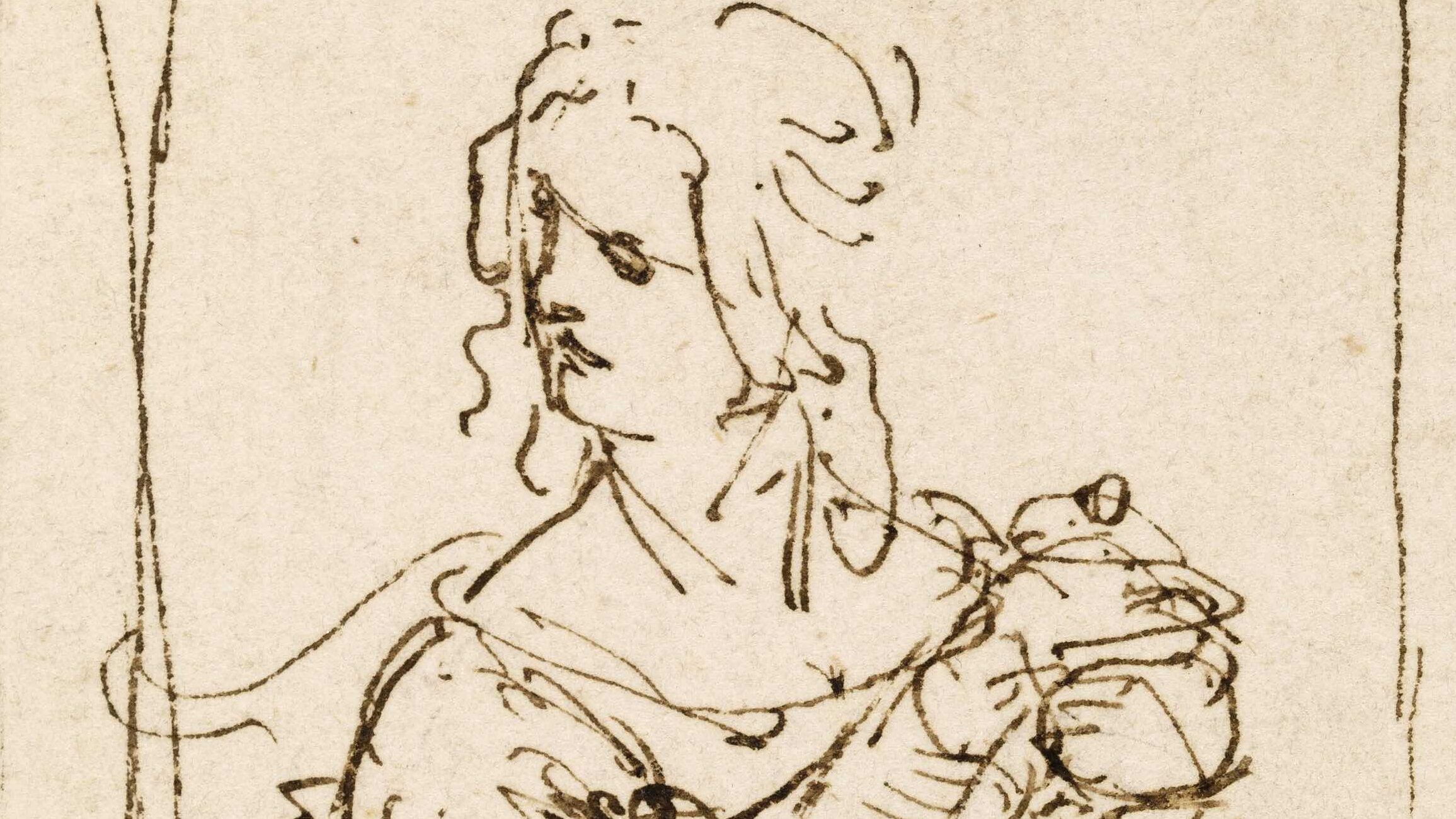 Two loose sketches, one two thirds of the page, the other in the bottom right corner. In both, a half-figure of Mary Magdalene lifts the lid of a jar of oil.