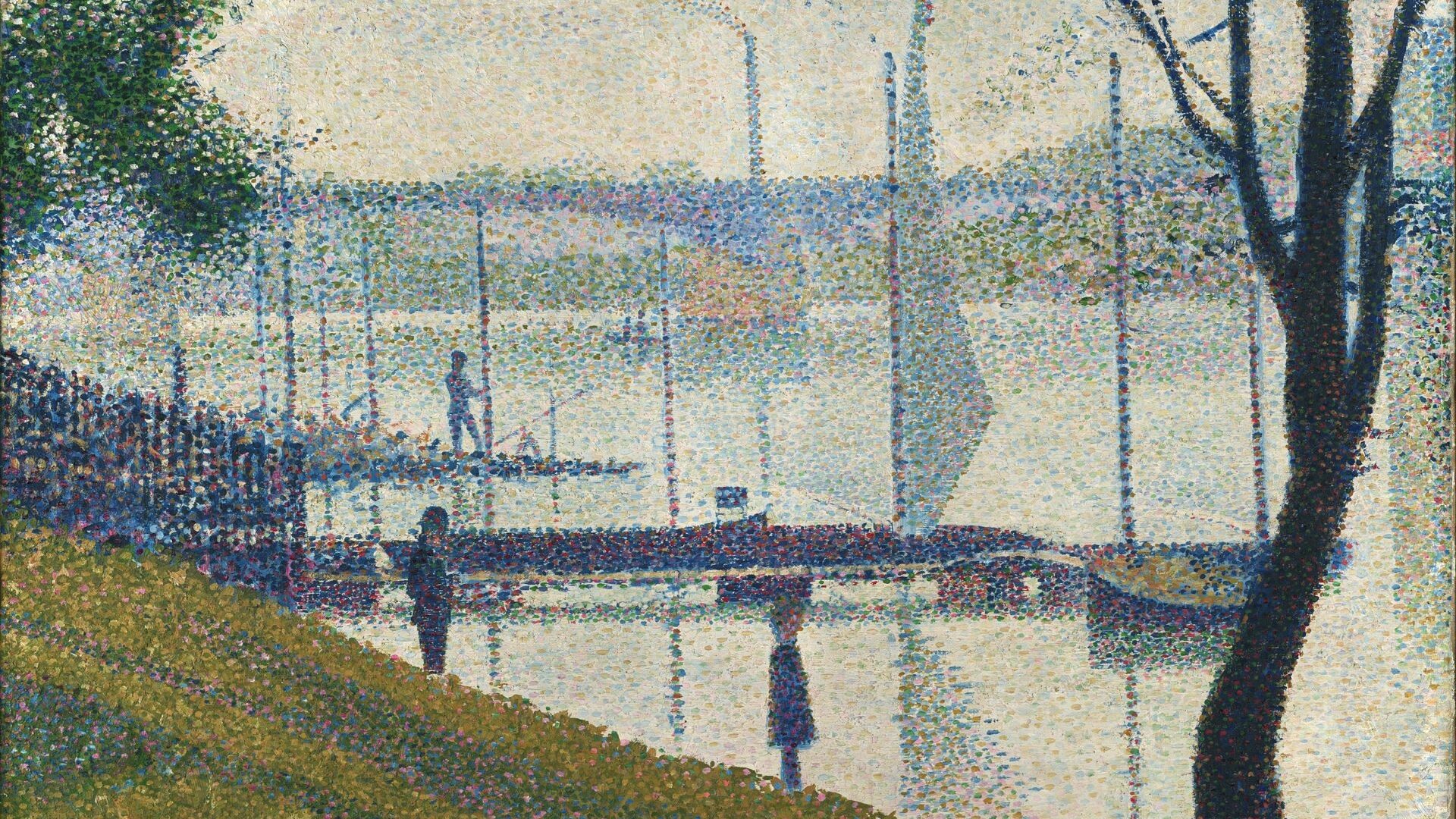 painting of two people stood at the bank of a river with some boats seen in the distance