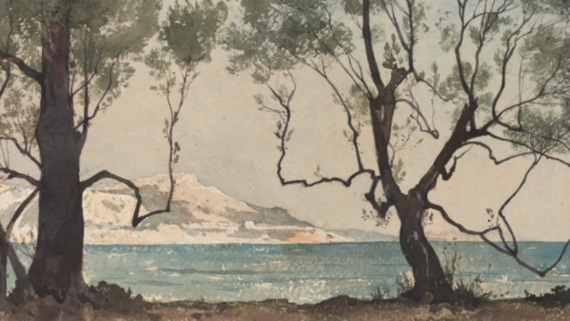 A watercolour drawing of Beaulieu, with sparse trees in the foreground, a blue sea, and a mountain seen in the background.