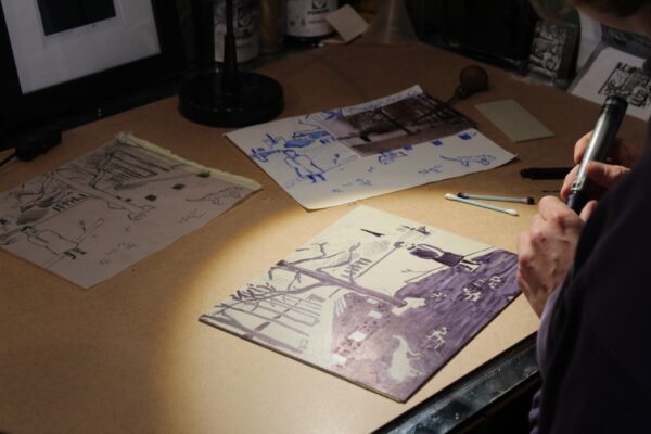 a drawing transferred to lino