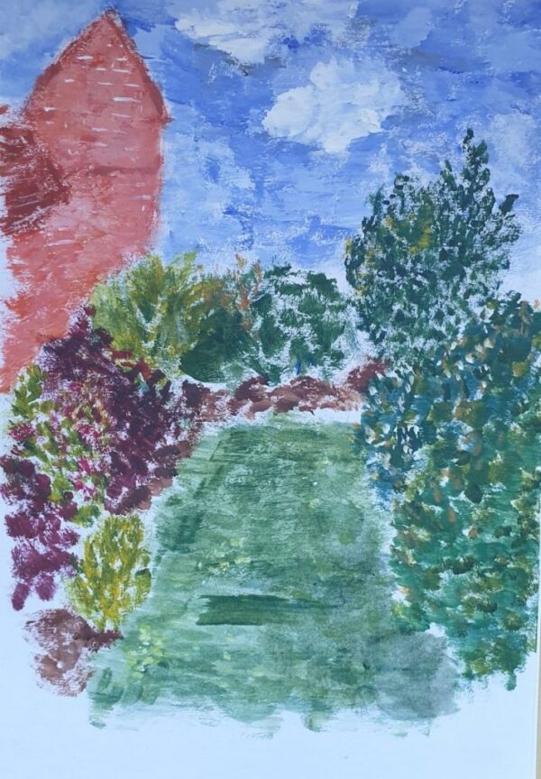 drawing of a garden with some plants and a red house