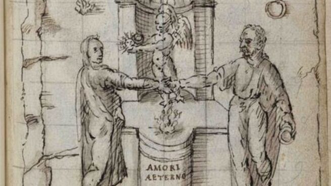 Drawing showing two figures with hands joined over a flame, with Latin text around them