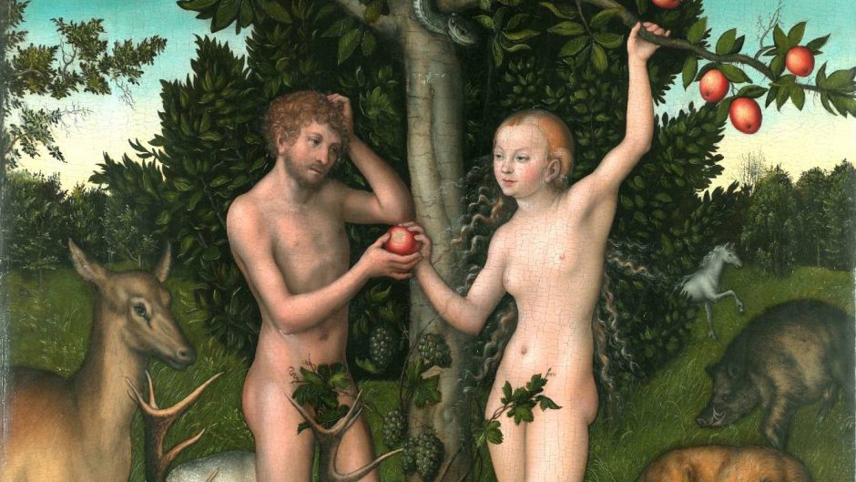 Adam and Eve are depicted at the fateful moment when they disobey God and commit the first sin.