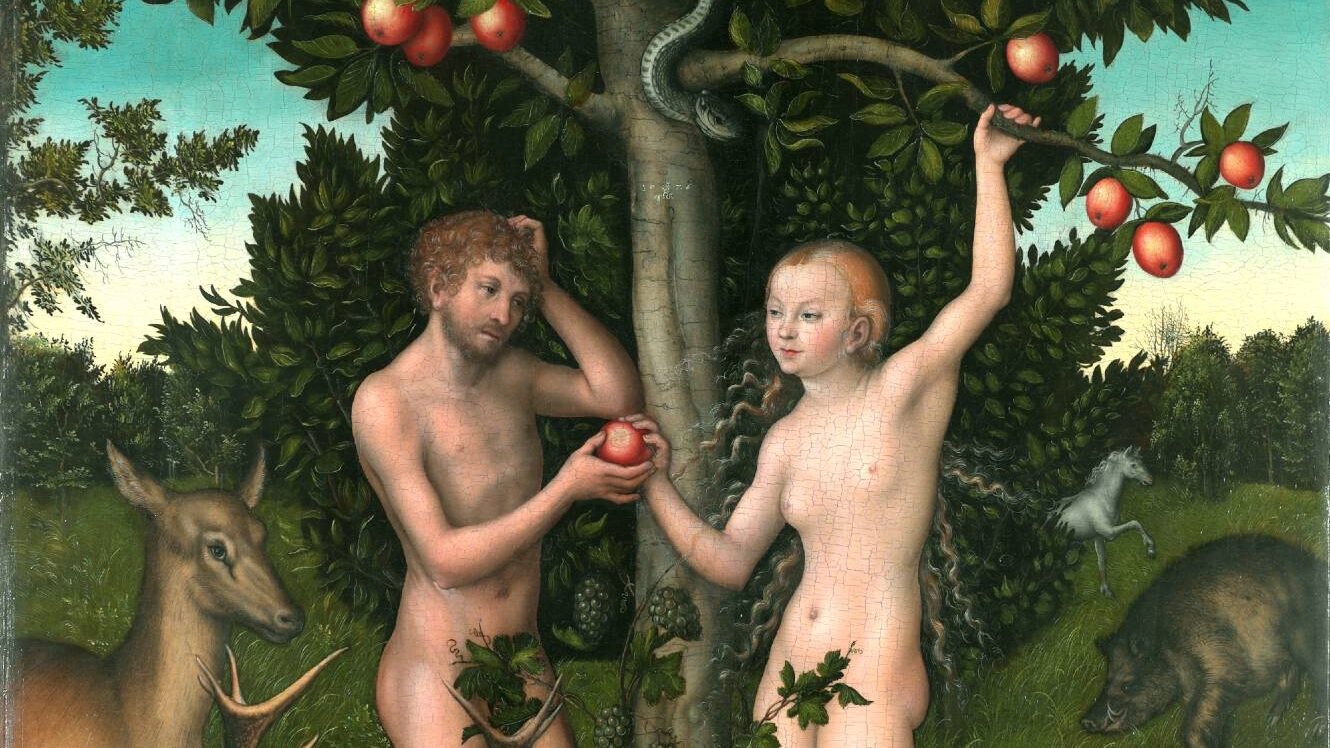 Adam and Eve are depicted at the fateful moment when they disobey God and commit the first sin.