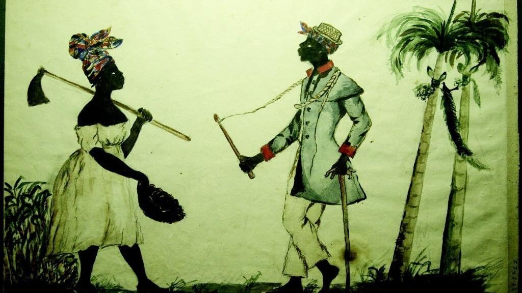 Painting showing two black figures holding farming tools and standing next to two palm trees