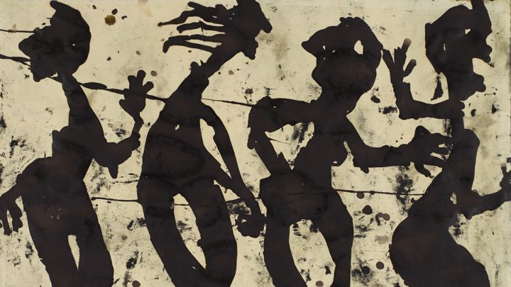 A work by Louis Soutter of 4 black silhouettes on a beige background