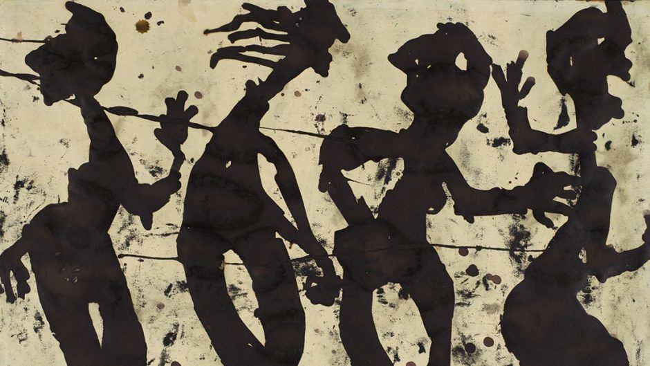 A work by Louis Soutter of 4 black silhouettes on a beige background