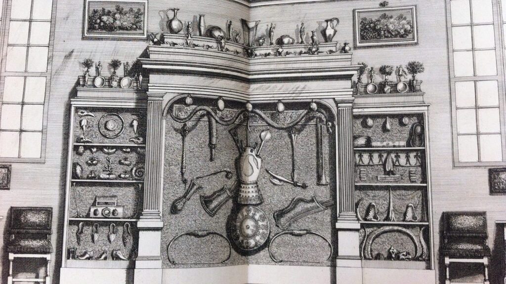 Black and white illustration of a mantlepiece