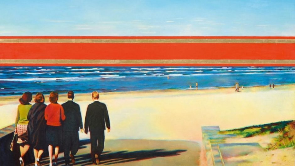 A landscape scene with vivid colours, with a blue sky, red centre strip, blue sea and sand. There are five figures, three women and two men, walking towards the sea in the bottom left corner. They are wearing business clothes.