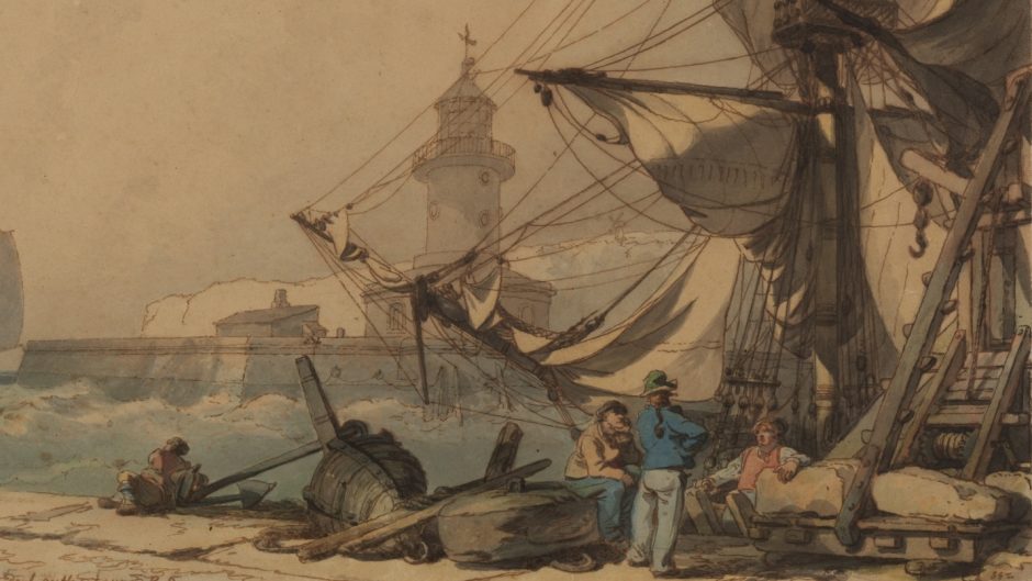 A harbor side with sailors, cargo and four ships at various stages in the sea.