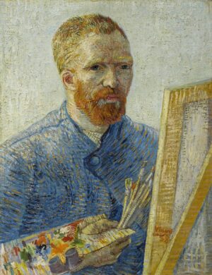A Self-Portrait of Van Gogh as a Painter; he is holding paint brushes and looking at his easel