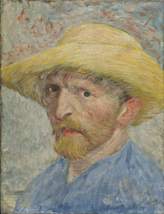A self portrait of Van Gogh; he is wearing a yellow straw hat, a blue shirt and gazing at the viewer with a serious expression