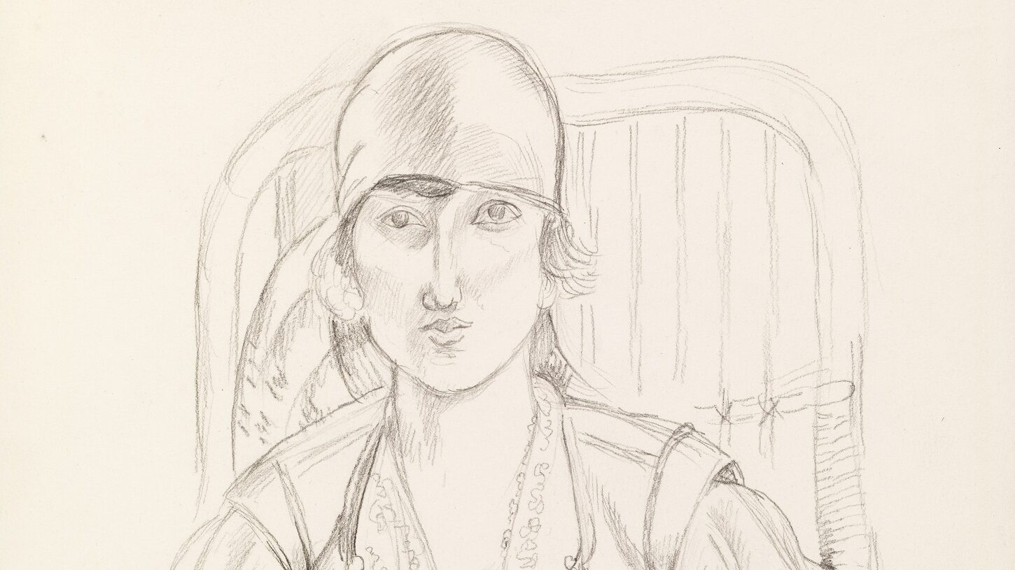 A drawing of a seated woman by Henri Matisse. Her frank, challenging expression combine with her soft contours and the sinuous lines of her revealing clothes